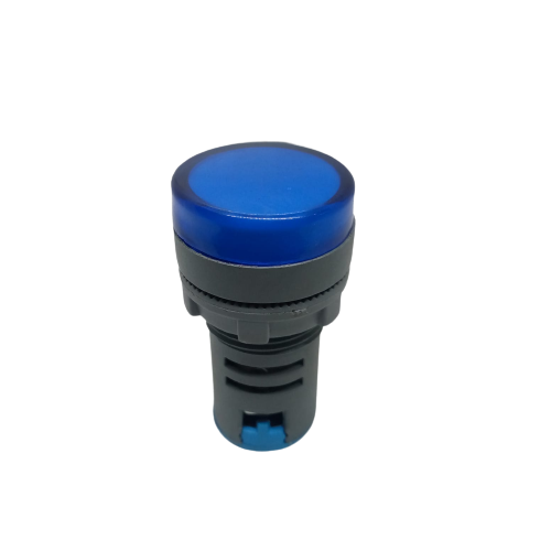 27mm 220V LED Pilot Panel Indicator Signal Warning LED Lamp - a cylindrical grey body with a round blue translucent lens on top.