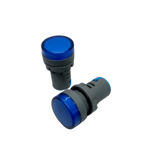 27mm 220V LED Pilot Panel Indicator Signal Warning LED Lamp - two cylindrical blue LED indicator lights with grey bodies against a white background.