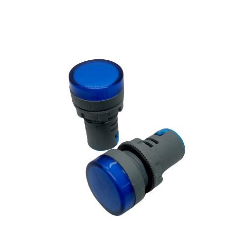 27mm 220V LED Pilot Panel Indicator Signal Warning LED Lamp - two cylindrical blue LED indicator lights with grey bodies against a white background.