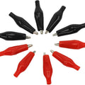 28 mm Alligator Clip Extra Small Size Crocodile Clips - shown as a collection of four black and six red clips arranged in a circle on a white background.