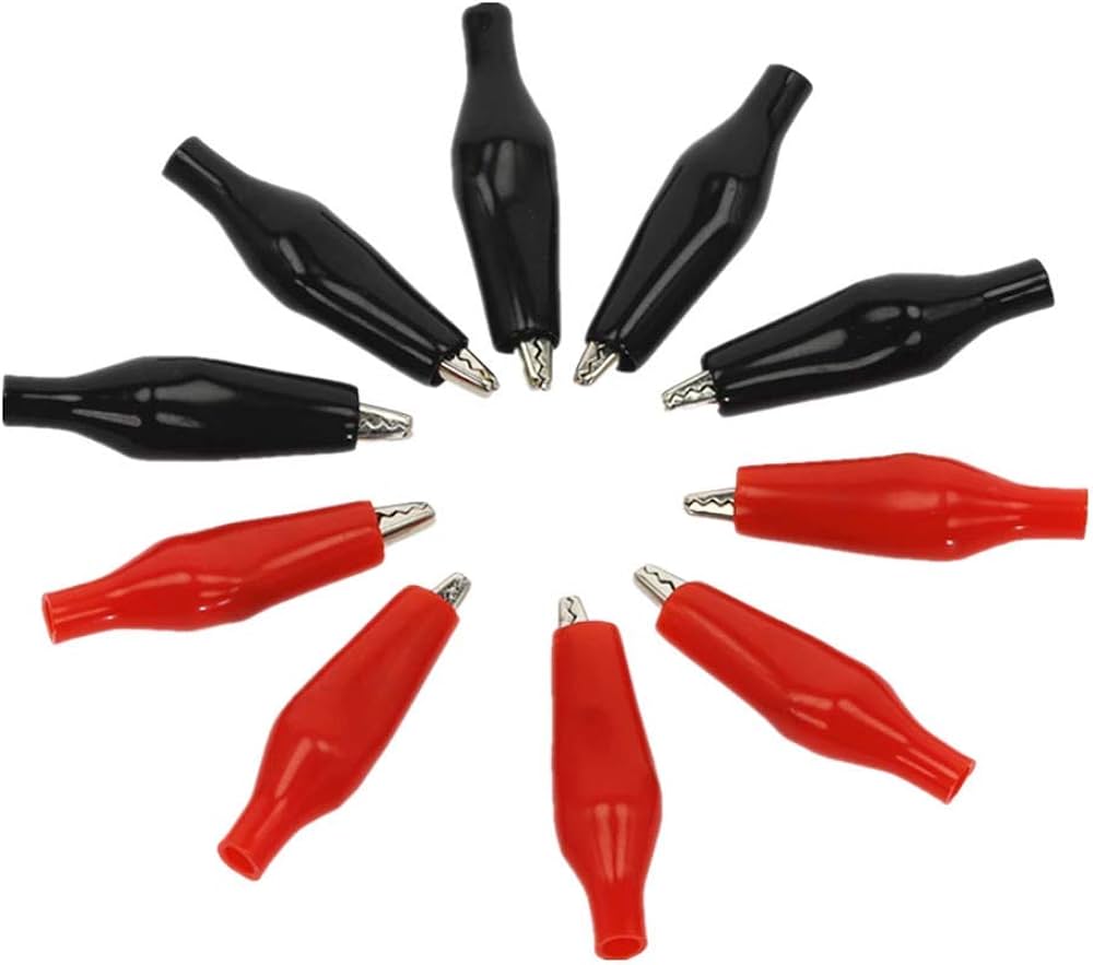 28 mm Alligator Clip Extra Small Size Crocodile Clips - shown as a collection of four black and six red clips arranged in a circle on a white background.