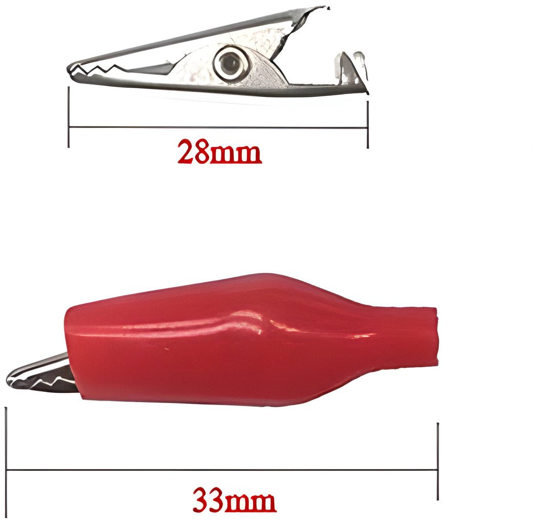 28 mm Alligator Clip Extra Small Size Crocodile Clips - one bare metal clip and one red-insulated clip with dimension labels of 28mm and 33mm.