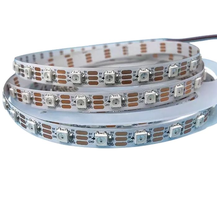 2812 LED Strip - coiled in a roll, featuring multiple white surface-mount LEDs with visible 5V, DI, and GND contact pads on a flexible copper-tracked strip.