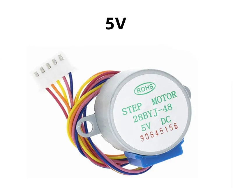 28BYJ-48 5V Stepper Motor - The Best Stepper Motor For Your Projects - a silver cylindrical motor with a blue plastic base, five coloured wires, and a white five-pin connector.