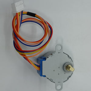 28BYJ-48 5V Stepper Motor - The Best Stepper Motor For Your Projects - a circular silver motor with a brass shaft, a blue plastic housing, and a multi-coloured wire harness with a white connector.