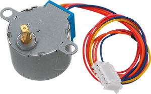 28BYJ-48 5V Stepper Motor - The Best Stepper Motor For Your Projects - a cylindrical silver metal body, a gold-coloured shaft, and a multi-coloured wire harness with a white connector.