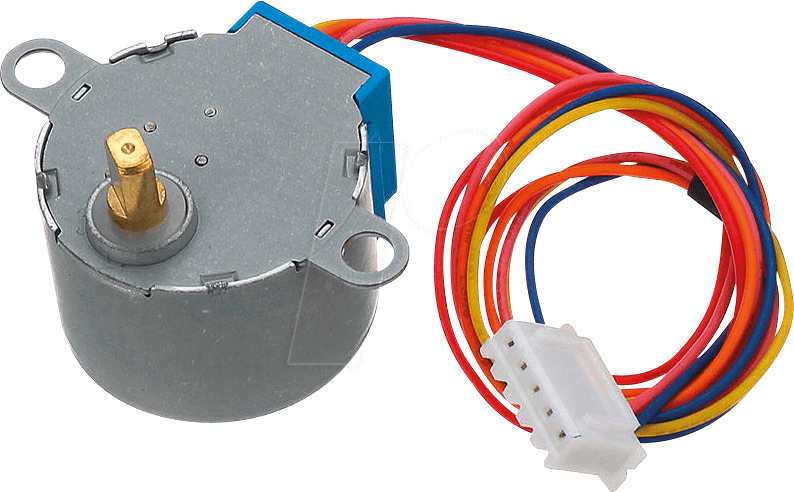 28BYJ-48 5V Stepper Motor - The Best Stepper Motor For Your Projects - a cylindrical silver metal body, a gold-coloured shaft, and a multi-coloured wire harness with a white connector.