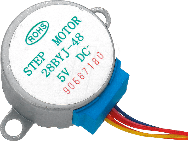 28BYJ-48 5V Stepper Motor - The Best Stepper Motor For Your Projects - a circular silver metal motor with a blue plastic connector and five multi-coloured wires extending from the side.