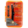 28pcs Precision Screwdrivers Tools Set Kit Pack For Electronics Pc Mobile Phones Smartphones Model Making 91025 - shown in its orange plastic storage case with a ratchet handle, tweezers, and various screwdriver bits.