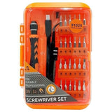 28pcs Precision Screwdrivers Tools Set Kit Pack For Electronics Pc Mobile Phones Smartphones Model Making 91025 - shown in its orange plastic storage case with a ratchet handle, tweezers, and various screwdriver bits.