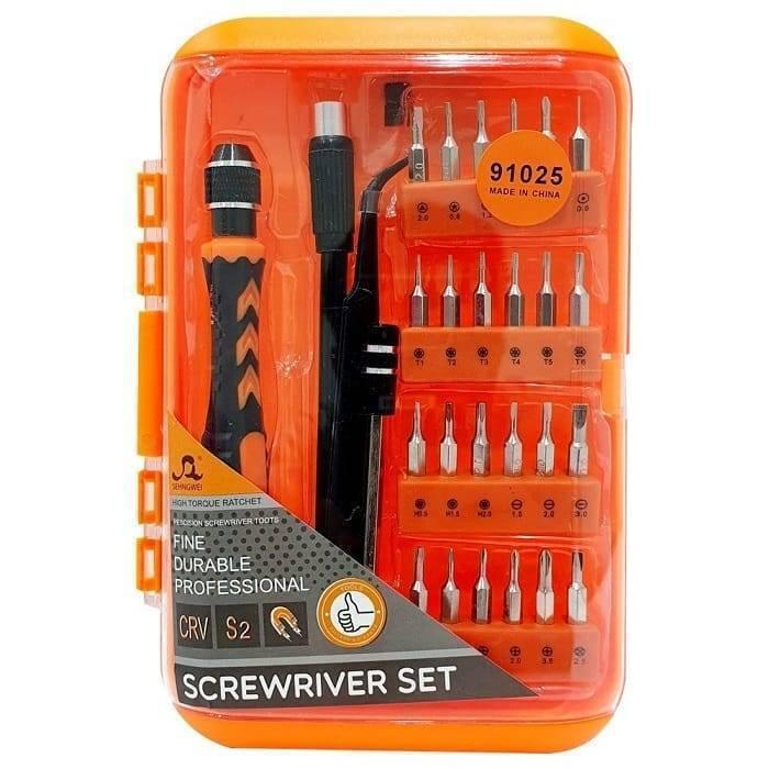 28pcs Precision Screwdrivers Tools Set Kit Pack For Electronics Pc Mobile Phones Smartphones Model Making 91025 - shown in its orange plastic storage case with a ratchet handle, tweezers, and various screwdriver bits.