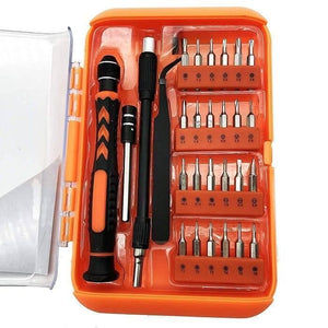 28pcs Precision Screwdrivers Tools Set Kit Pack For Electronics Pc Mobile Phones Smartphones Model Making 91025 - an open orange plastic case containing a screwdriver handle, extension bar, tweezers, and various bits.