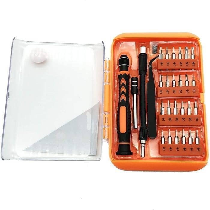 28pcs Precision Screwdrivers Tools Set Kit Pack For Electronics Pc Mobile Phones Smartphones Model Making 91025 - an open orange plastic case containing a screwdriver handle, extension bar, tweezers, and bits.