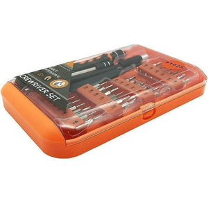 28pcs Precision Screwdrivers Tools Set Kit Pack For Electronics Pc Mobile Phones Smartphones Model Making 91025 - an orange plastic storage case with a clear lid showing the screwdriver handle and various bits.