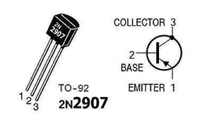 2907 2N2907 Bipolar PNP Transistor - shown as a black TO-92 package with three pins and its corresponding schematic symbol with labeled base, collector, and emitter.