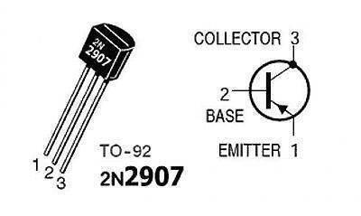 2907 2N2907 Bipolar PNP Transistor - shown as a black TO-92 package with three pins and its corresponding schematic symbol with labeled base, collector, and emitter.