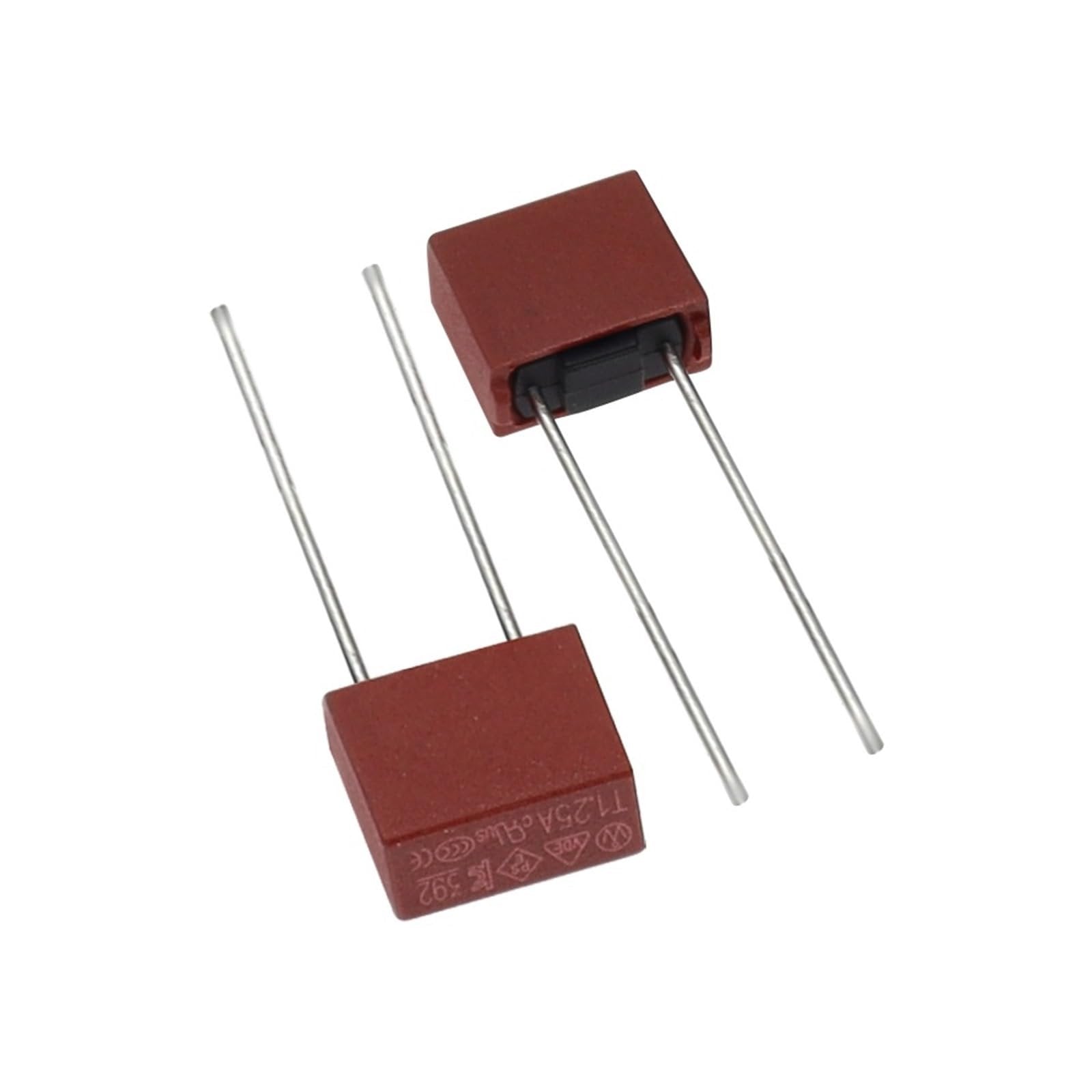 2A 250V Square Radial Lead Micro Fuse 392 Series – Time Lag / Slow Blow - two brown square-shaped fuses with two metal leads each, with text printed on the front.