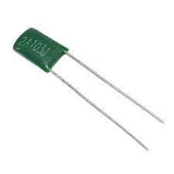 2A103J Polyster Film Capacitor - a green rectangular electronic component with two long metal wire leads extending from one side.