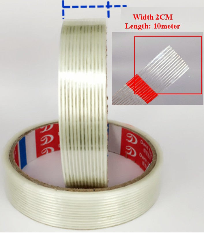 2cm Strong Fiber Strips Adhesive Tape For Rc Model - shown as two rolls of clear, reinforced adhesive tape with an inset close-up of the fiber texture.