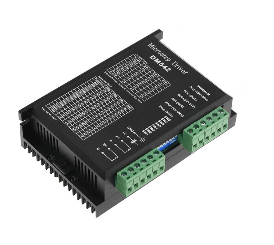 2DM542 Stepper Motor Driver - a black rectangular electronic module with a finned heat sink, green screw-terminal blocks, and a printed configuration table.