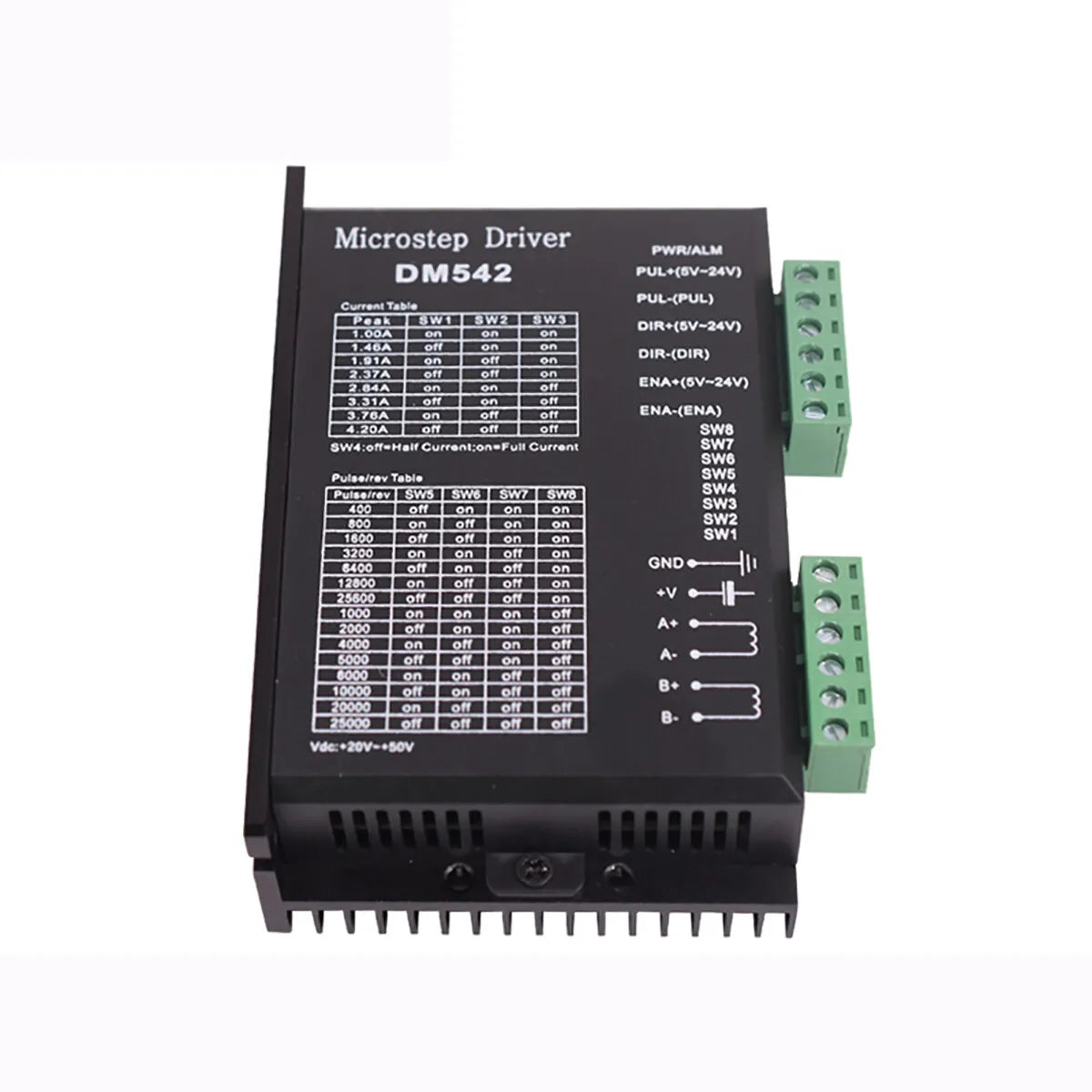 2DM542 Stepper Motor Driver - a black rectangular electronic module with two green terminal blocks, side-mounted DIP switches, and printed configuration tables.