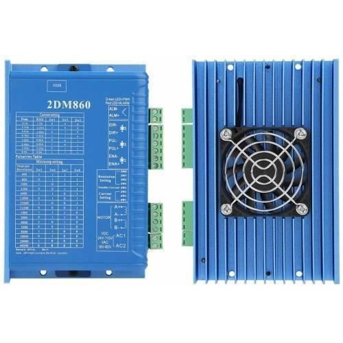 2DM860H 2 Phase NEMA23 NEMA34 Stepper Motor Driver - shown from the front with a blue casing and technical labels, and from the back featuring a cooling fan on a blue heatsink.