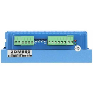 2DM860H 2 Phase NEMA23 NEMA34 Stepper Motor Driver - a blue rectangular unit featuring green terminal blocks, a row of eight DIP switches, and two small LED status indicators.