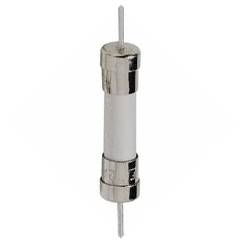 2H 250V 2A Ceramic Axial Lead Fuse - a white cylindrical ceramic body with silver-coloured metal end caps and straight wire leads extending from both ends.
