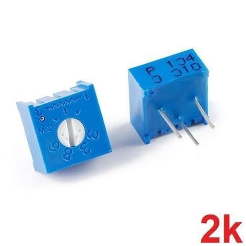 2k Variable Resistor 3386 Single Turn Trimmer Potentiometer - shown as two blue, square-shaped electronic components with three metal pins and a white dial.