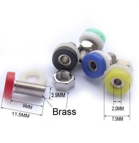 2mm Banana Female Socket Jack Connector For 2 mm Banana Plug Test - shown in a dimension diagram with red, black, blue, yellow, and green units and a separate metal nut.