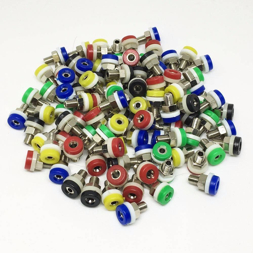 2mm Banana Female Socket Jack Connector For 2 mm Banana Plug Test - a pile of assorted multicolored 2mm banana female socket jack connectors with metal threaded shafts.
