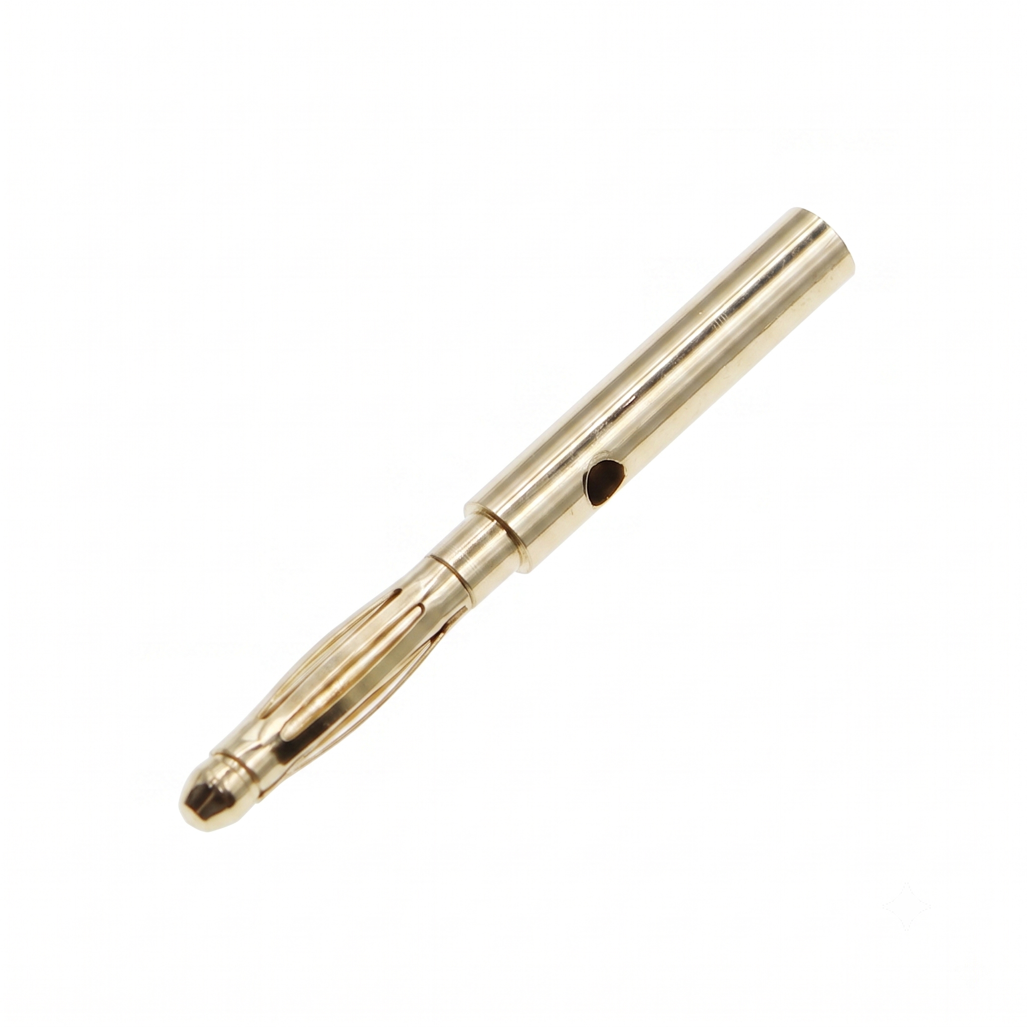 2mm Banana Plug Connector Cuppoer Gold Color - shown as a single gold-colored metal banana plug with a slotted tip and a hollow cylindrical body.
