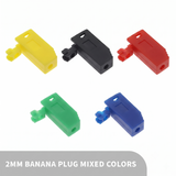 2mm Banana Plug Connector Plastic Cover - shown as a set of five L-shaped connectors in yellow, black, red, green, and blue on a white background.