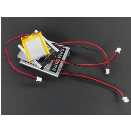 2mm Pitch JST2.0 Plug 2 Pin Extension Wire Connector - shown with red and black wires attached to several rectangular lithium batteries.