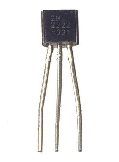2N2222A Bipolar Junction NPN Transistor - a black, rectangular electronic component with three silver metal pins extending downward from its base.