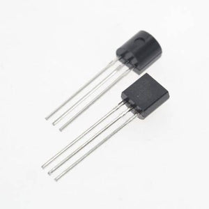 2N2222A Bipolar Junction NPN Transistor - shown as two black three-pin electronic components with flat and rounded faces on a white background.