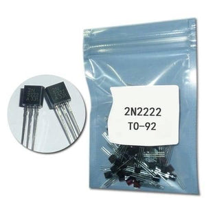 2N2222A Bipolar Junction NPN Transistor - shown as a bulk pack of black TO-92 components in a plastic bag with a close-up view of two individual units.