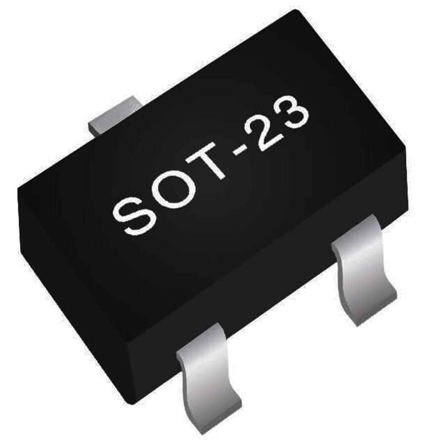 2N3906 MMBT3906 Transistor PNP SMD Sot-23 - a black three-pin surface-mount electronic component with the text SOT-23 printed on its top surface.