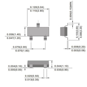 2N3906 MMBT3906 Transistor PNP SMD Sot-23 - a technical line drawing showing the dimensions and physical profile of the surface-mount component.
