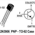 2N3906 PNP Transistor - shown with a black TO-92 case, three metal pins, and a schematic diagram labeling the emitter, base, and collector terminals.