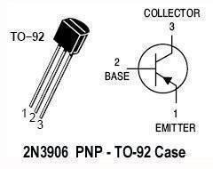 2N3906 PNP Transistor - shown with a black TO-92 case, three metal pins, and a schematic diagram labeling the emitter, base, and collector terminals.