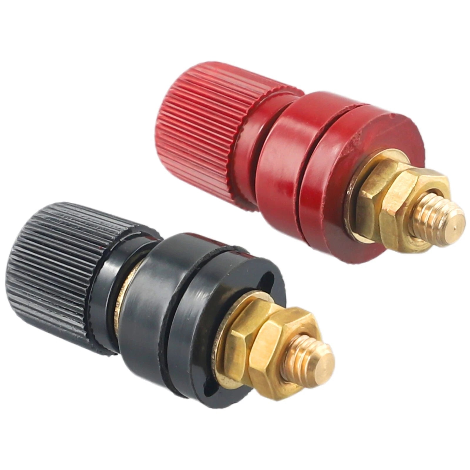 2pcs 6mm Brass Stud Remote Battery Power Junction Post Connector Terminal Set - one red and one black threaded brass terminal post.
