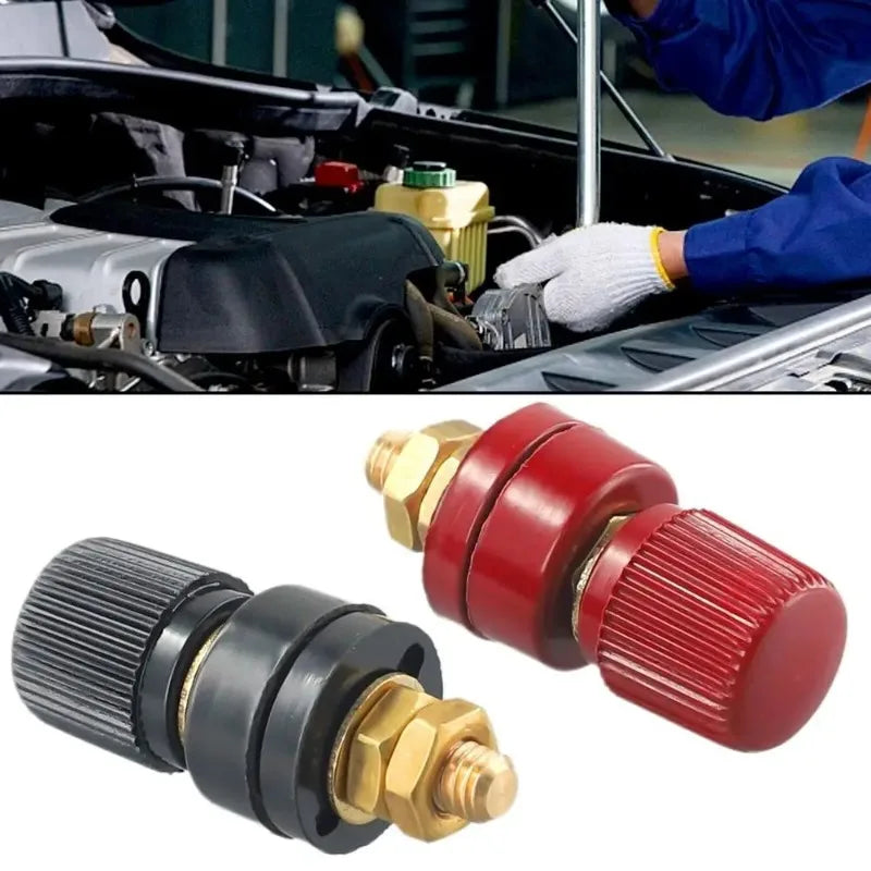 2pcs 6mm Brass Stud Remote Battery Power Junction Post Connector Terminal Set - one red and one black terminal post with brass studs and nuts.