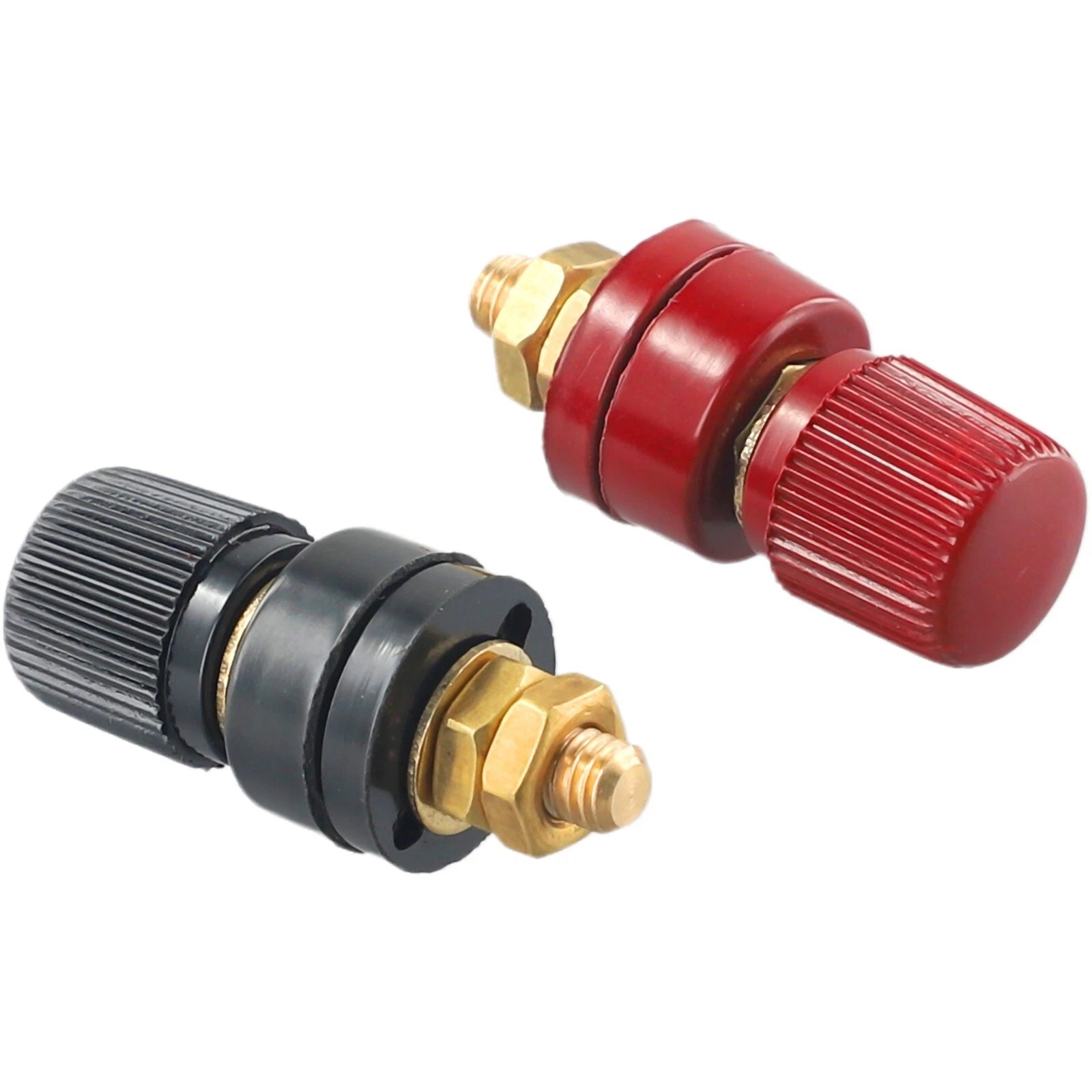 2pcs 6mm Brass Stud Remote Battery Power Junction Post Connector Terminal Set - one black and one red threaded terminal post with brass nuts.