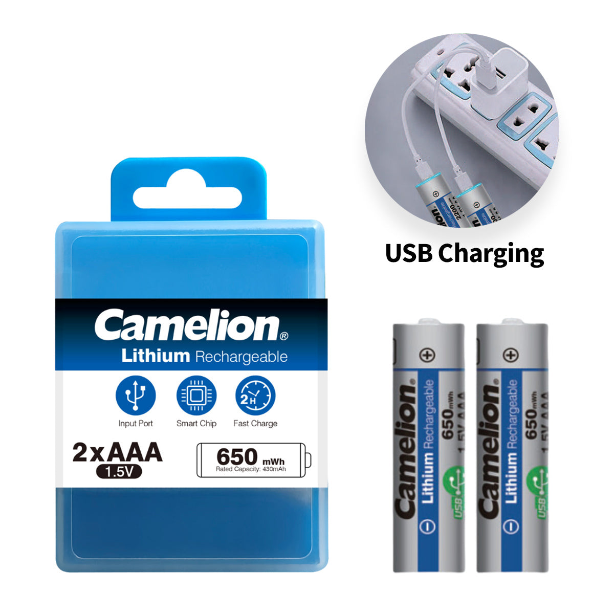 2pcs AAA Cell Camelion USB C Rechargeable Lithium Batteries AAA – 1.5V – 650MWH - show a blue plastic storage case, two AAA batteries, and a circular inset showing USB charging cables.