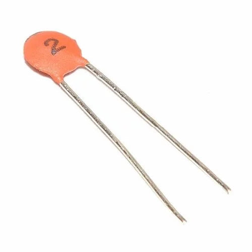 2pF 50V Ceramic Capacitor Mini Ceramic Capacitor - a small orange disc-shaped electronic component with two thin metal wire leads and the number 2 printed on its surface.