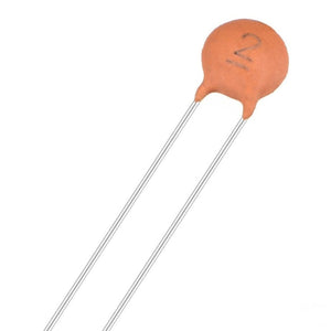 2pF 50V Ceramic Capacitor Mini Ceramic Capacitor - a small, round, orange ceramic disc capacitor with two long, straight metal leads extending from the bottom.