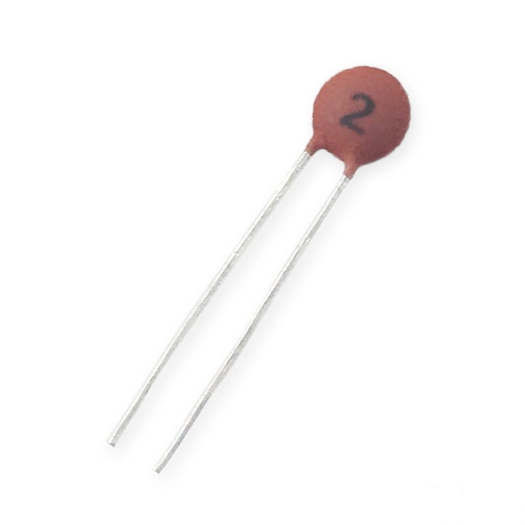 2pF 50V Ceramic Capacitor Mini Ceramic Capacitor - a small round brown ceramic capacitor with two long metal leads and the number 2 printed on its face.