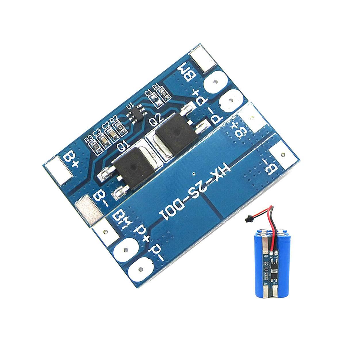 2s 8A 7.4V 8.4V Lithium LiPo Cell Li-ion BMS Battery 18650 Protection Board Tool - a blue rectangular circuit board with labeled solder pads and a small 2-cell battery pack accessory.