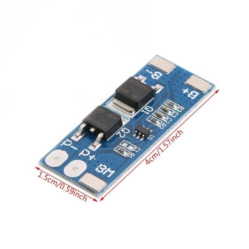 2s 8A 7.4V 8.4V Lithium LiPo Cell Li-ion BMS Battery 18650 Protection Board Tool - a blue rectangular electronic module with two large black components, solder pads, and dimension labels.